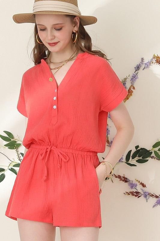 HENLEY NECK SHORT SLEEVE JUMPSUIT ROMPER - Doublju