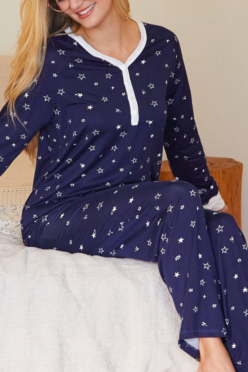 WOMENS LONG SLEEVE V-NECK BUTTON NECKLINE AND LONG PANTS PAJAMAS SET