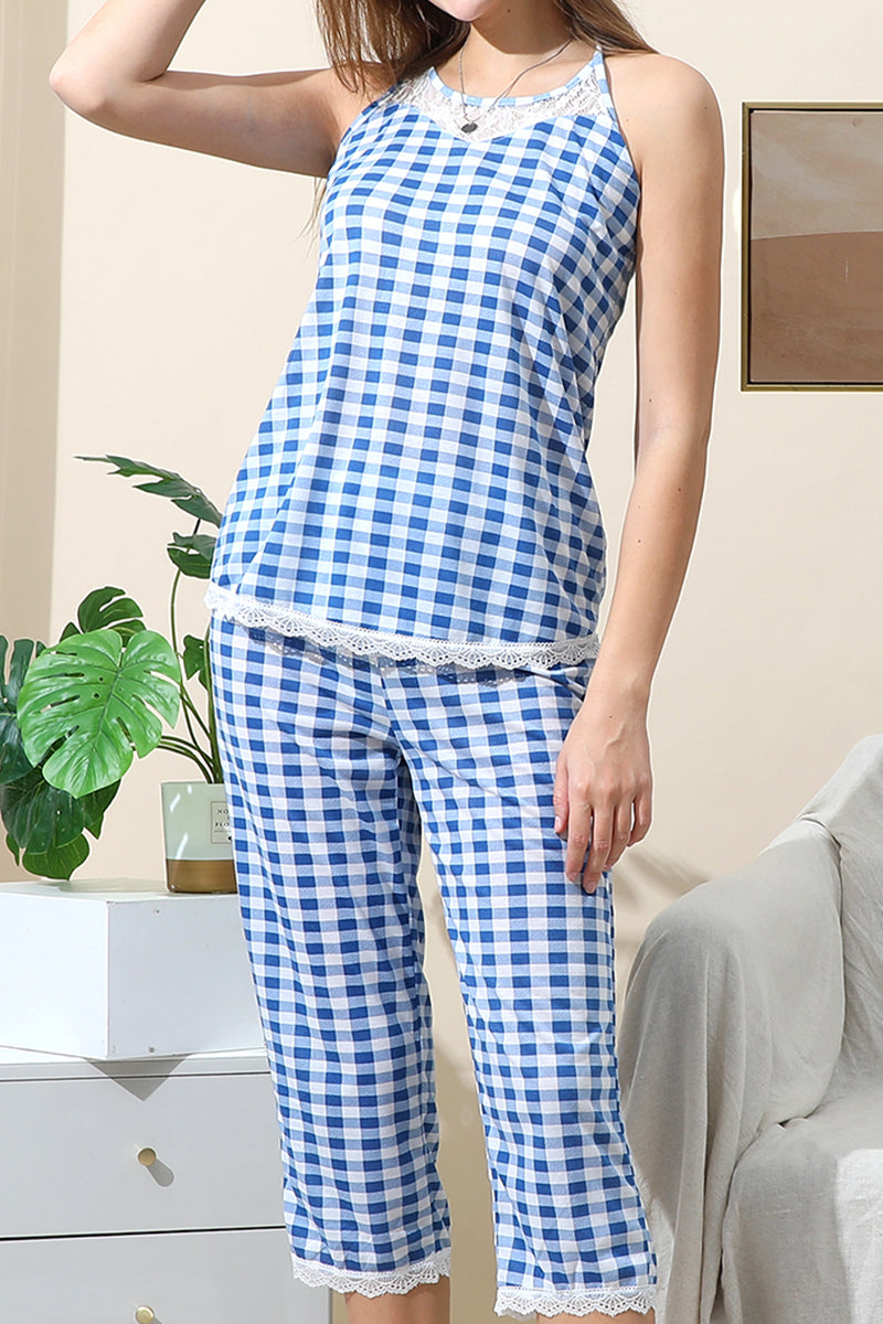 WOMEN'S SLEEVELESS RACERBACK LACE CAPRI PAJAMA 2 PCS SET