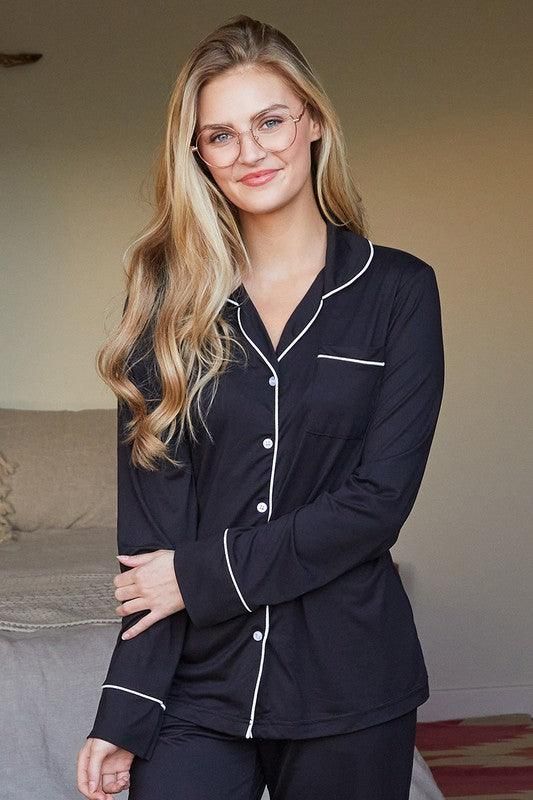 LONG SLEEVE COLLAR DETAILED PAJAMA SET - Doublju
