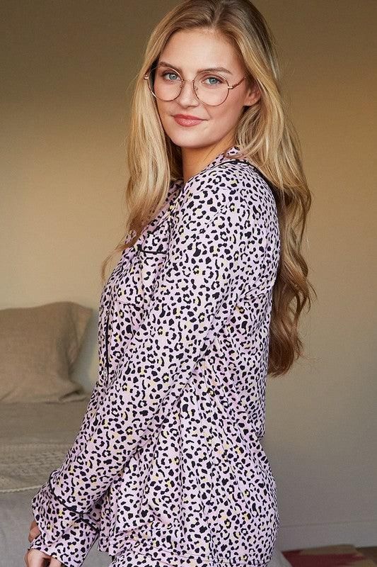 LONG SLEEVE COLLAR DETAILED PAJAMA SET - Doublju