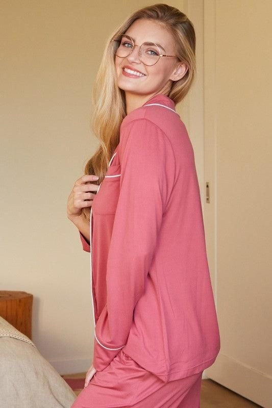 LONG SLEEVE COLLAR DETAILED PAJAMA SET - Doublju