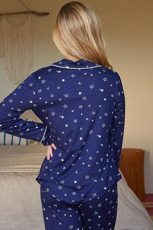 LONG SLEEVE COLLAR DETAILED PAJAMA SET - Doublju