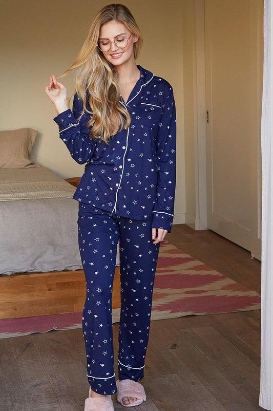 LONG SLEEVE COLLAR DETAILED PAJAMA SET - Doublju