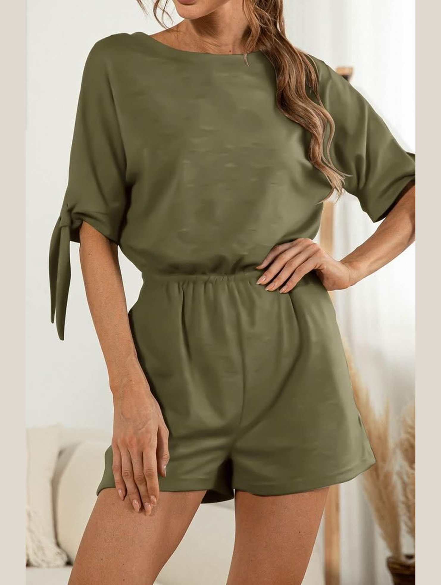 SLEEVE SLIT SOLID COLOR LACE CASUAL JUMPSUIT - Doublju