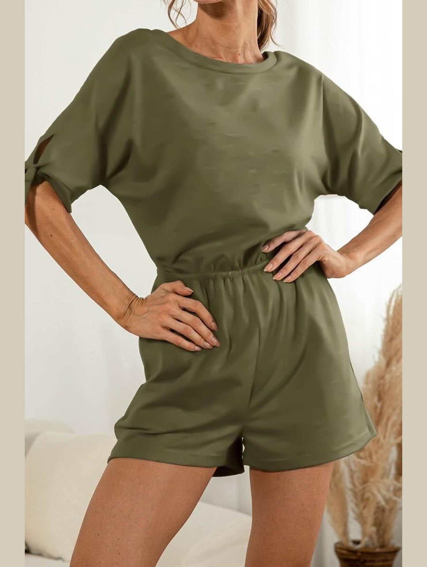 SLEEVE SLIT SOLID COLOR LACE CASUAL JUMPSUIT - Doublju