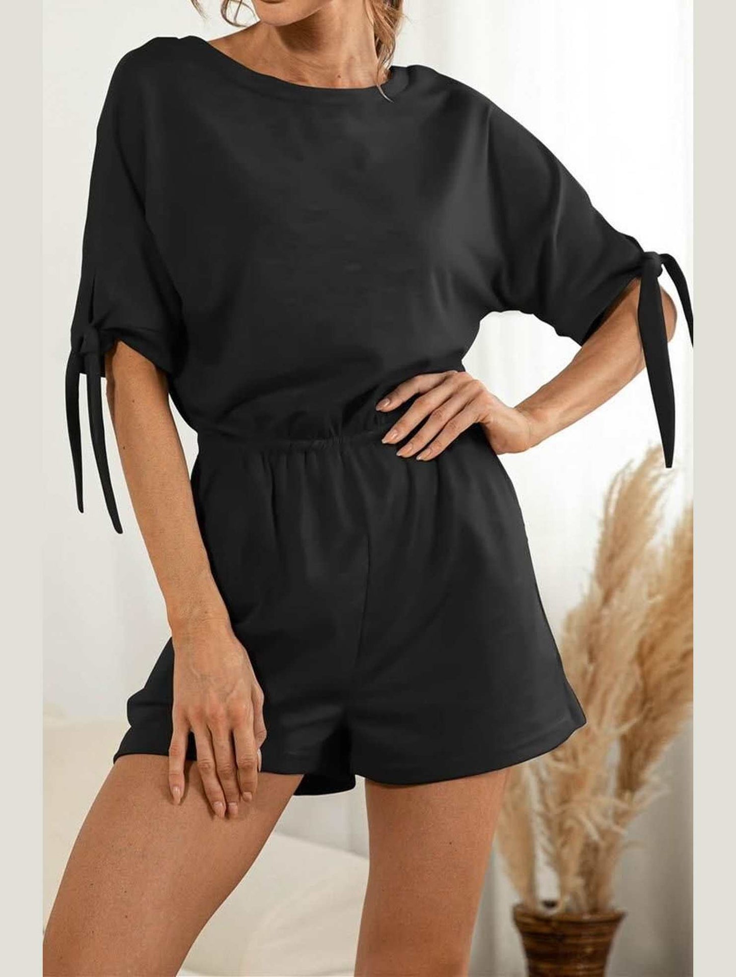 SLEEVE SLIT SOLID COLOR LACE CASUAL JUMPSUIT - Doublju