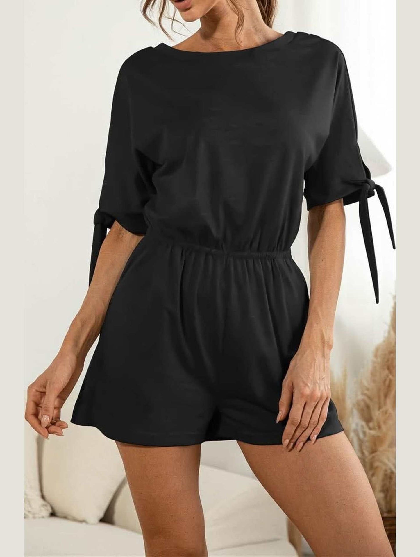 SLEEVE SLIT SOLID COLOR LACE CASUAL JUMPSUIT - Doublju