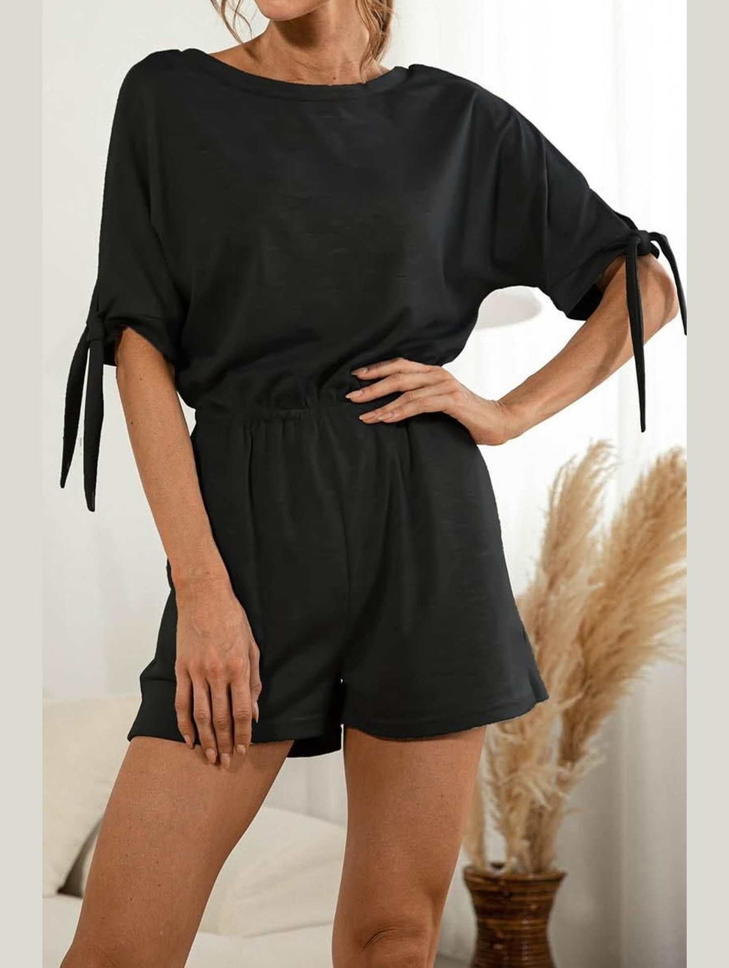 SLEEVE SLIT SOLID COLOR LACE CASUAL JUMPSUIT - Doublju