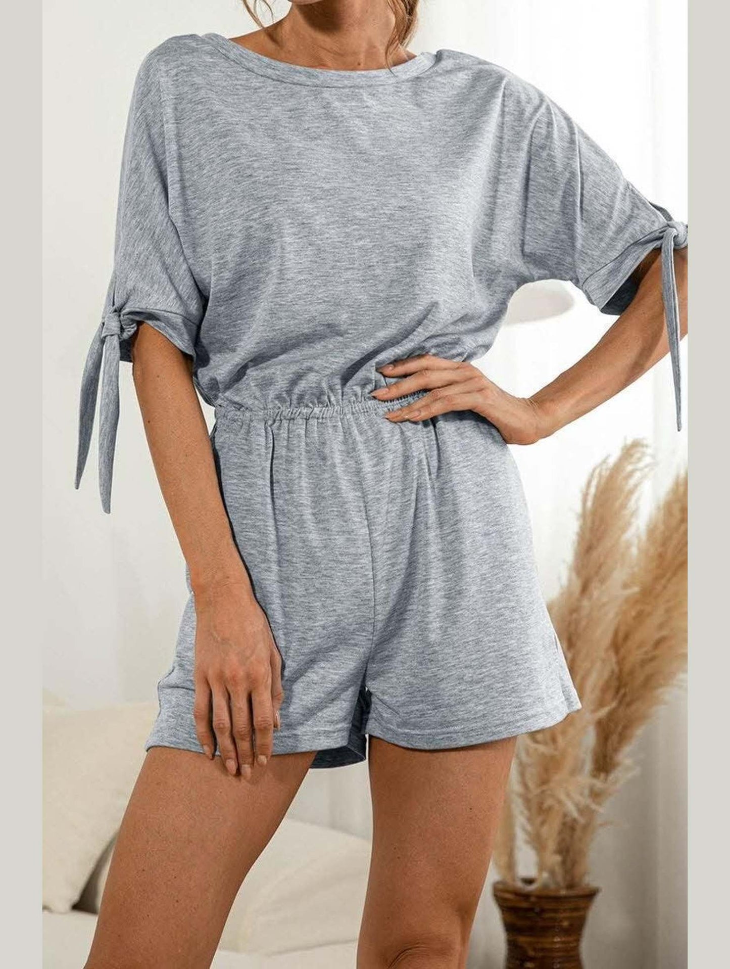 SLEEVE SLIT SOLID COLOR LACE CASUAL JUMPSUIT - Doublju