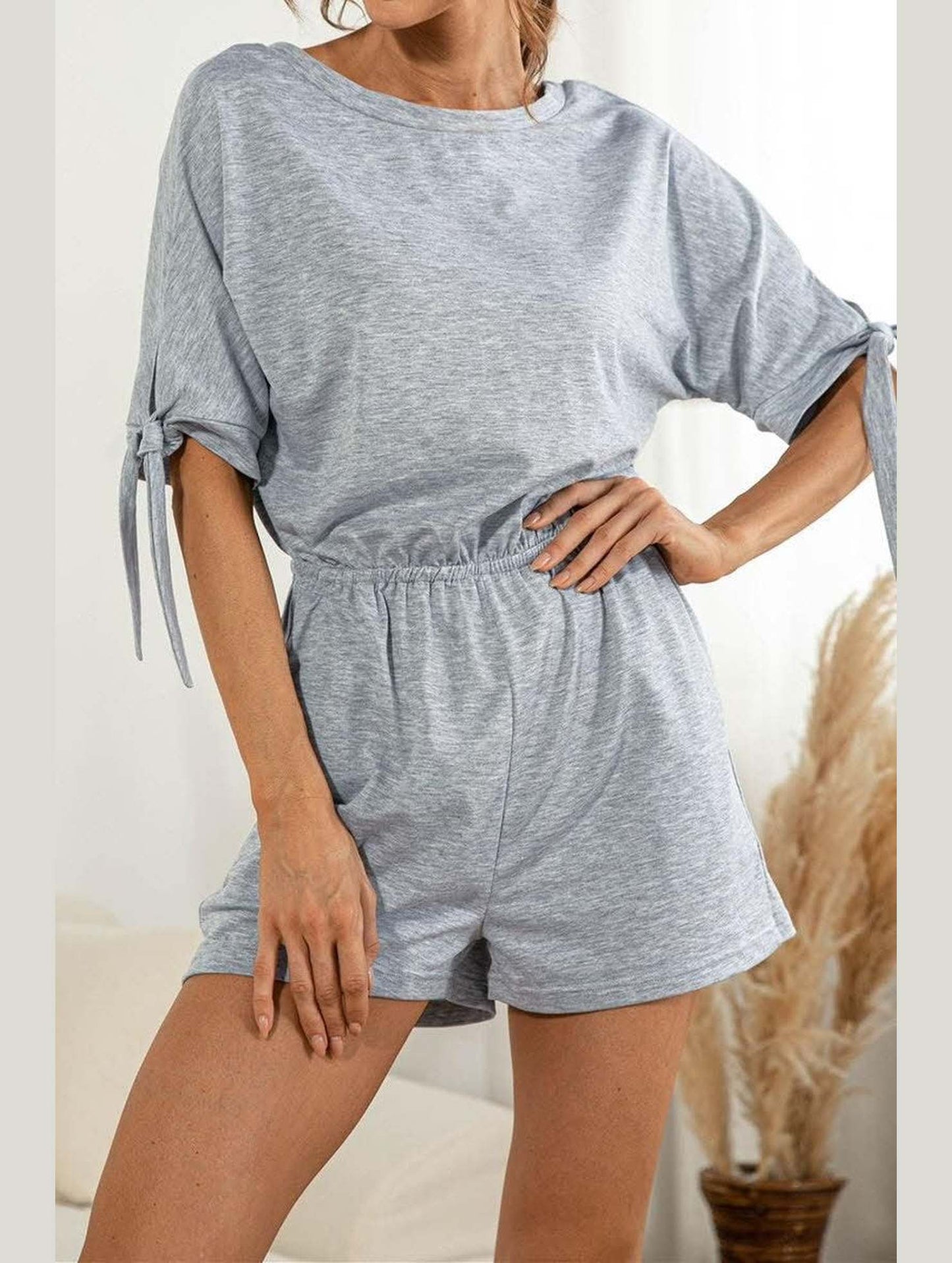 SLEEVE SLIT SOLID COLOR LACE CASUAL JUMPSUIT - Doublju