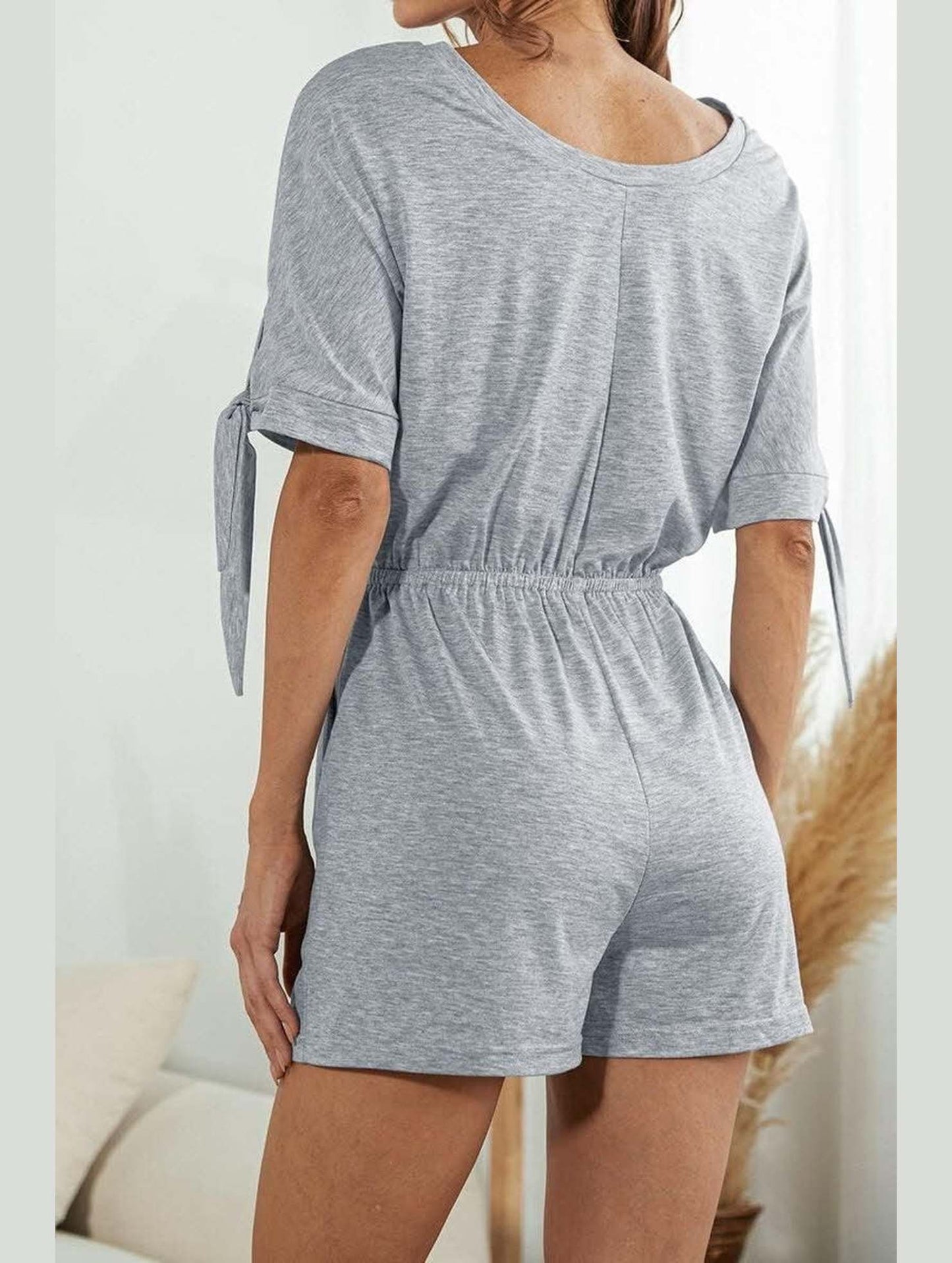 SLEEVE SLIT SOLID COLOR LACE CASUAL JUMPSUIT - Doublju