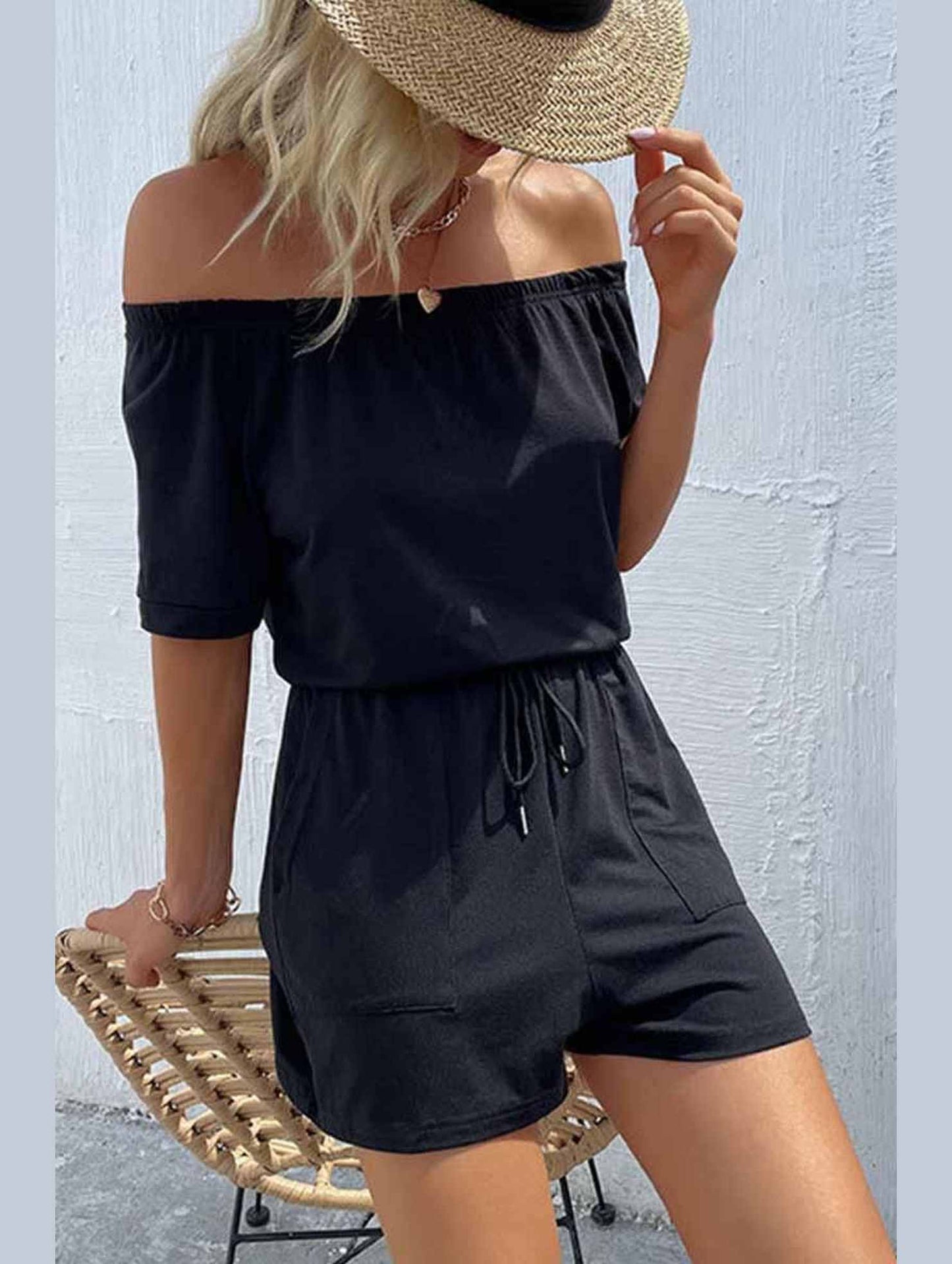OFF SHOUDER SIMPLE WAIST STRAP ROMPER - Doublju
