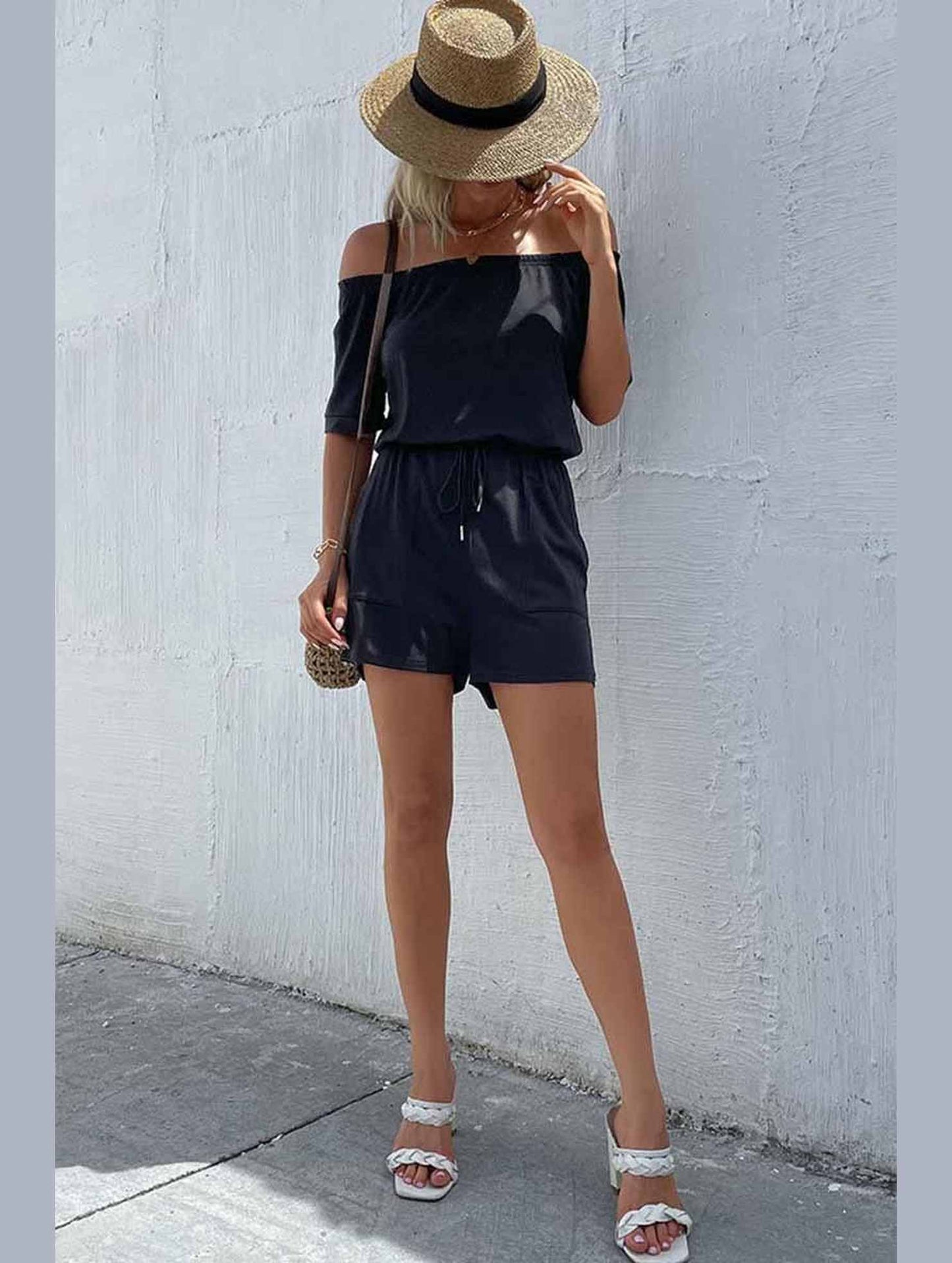 OFF SHOUDER SIMPLE WAIST STRAP ROMPER - Doublju