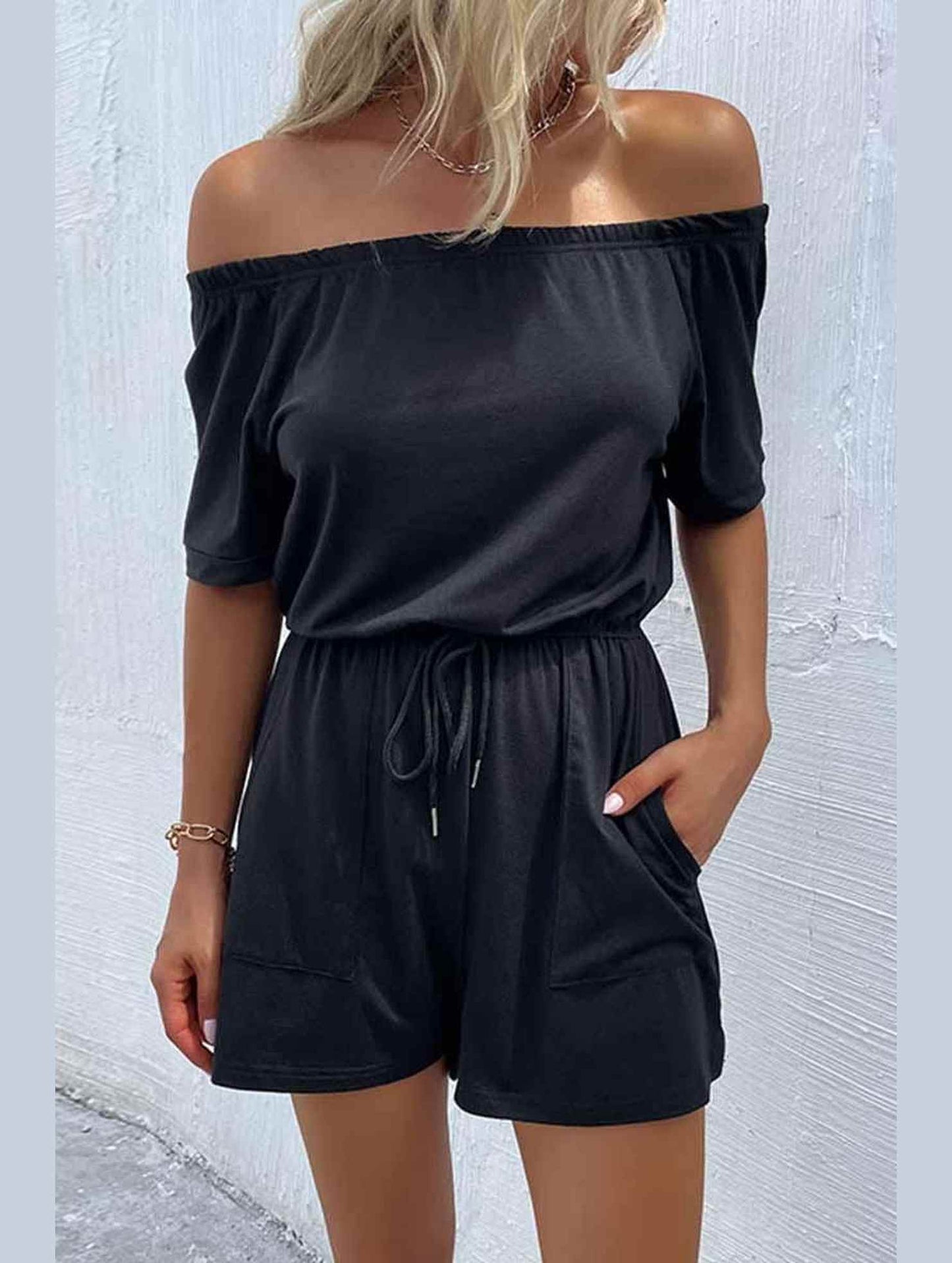 OFF SHOUDER SIMPLE WAIST STRAP ROMPER - Doublju