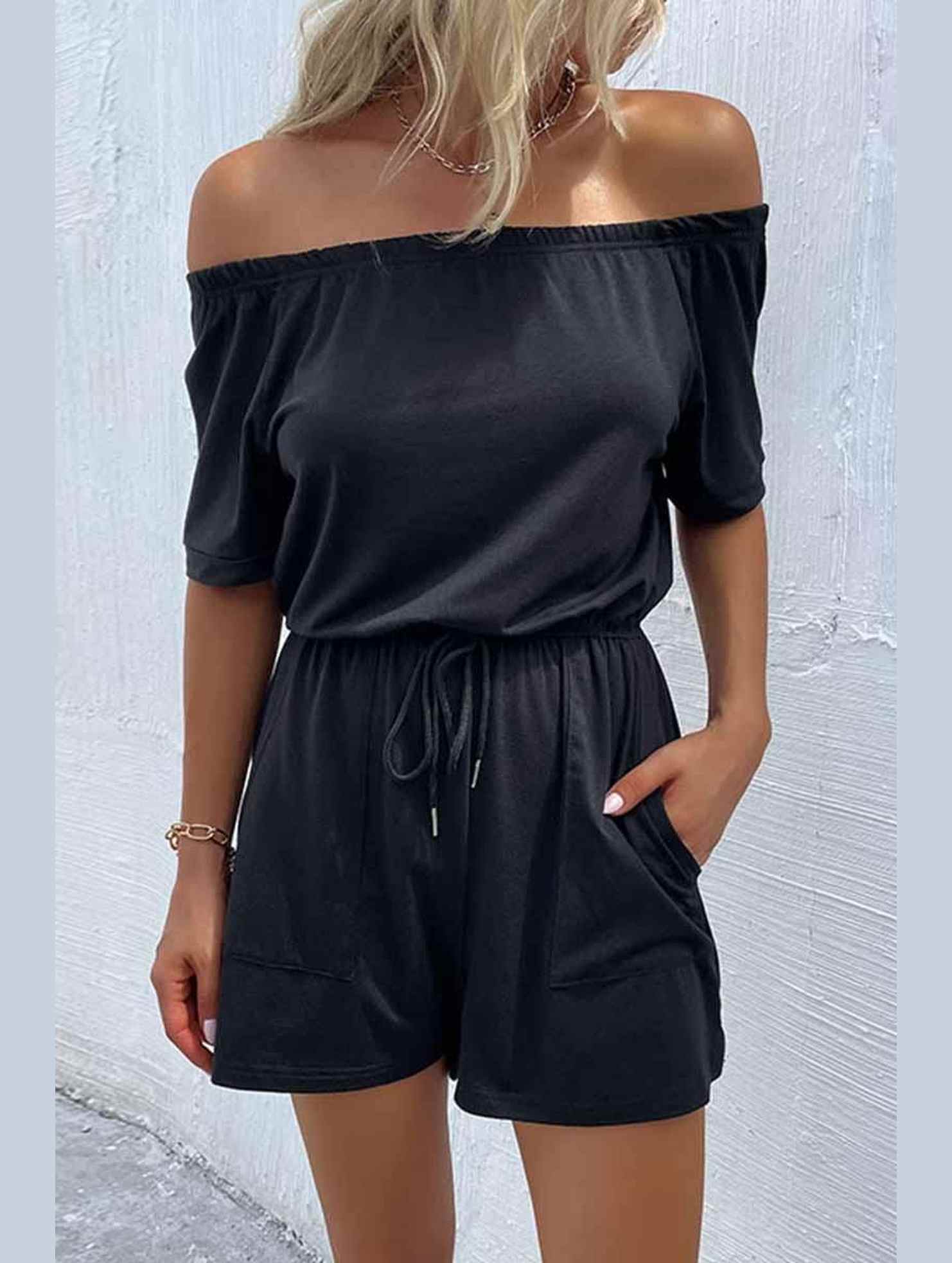 OFF SHOUDER SIMPLE WAIST STRAP ROMPER - Doublju