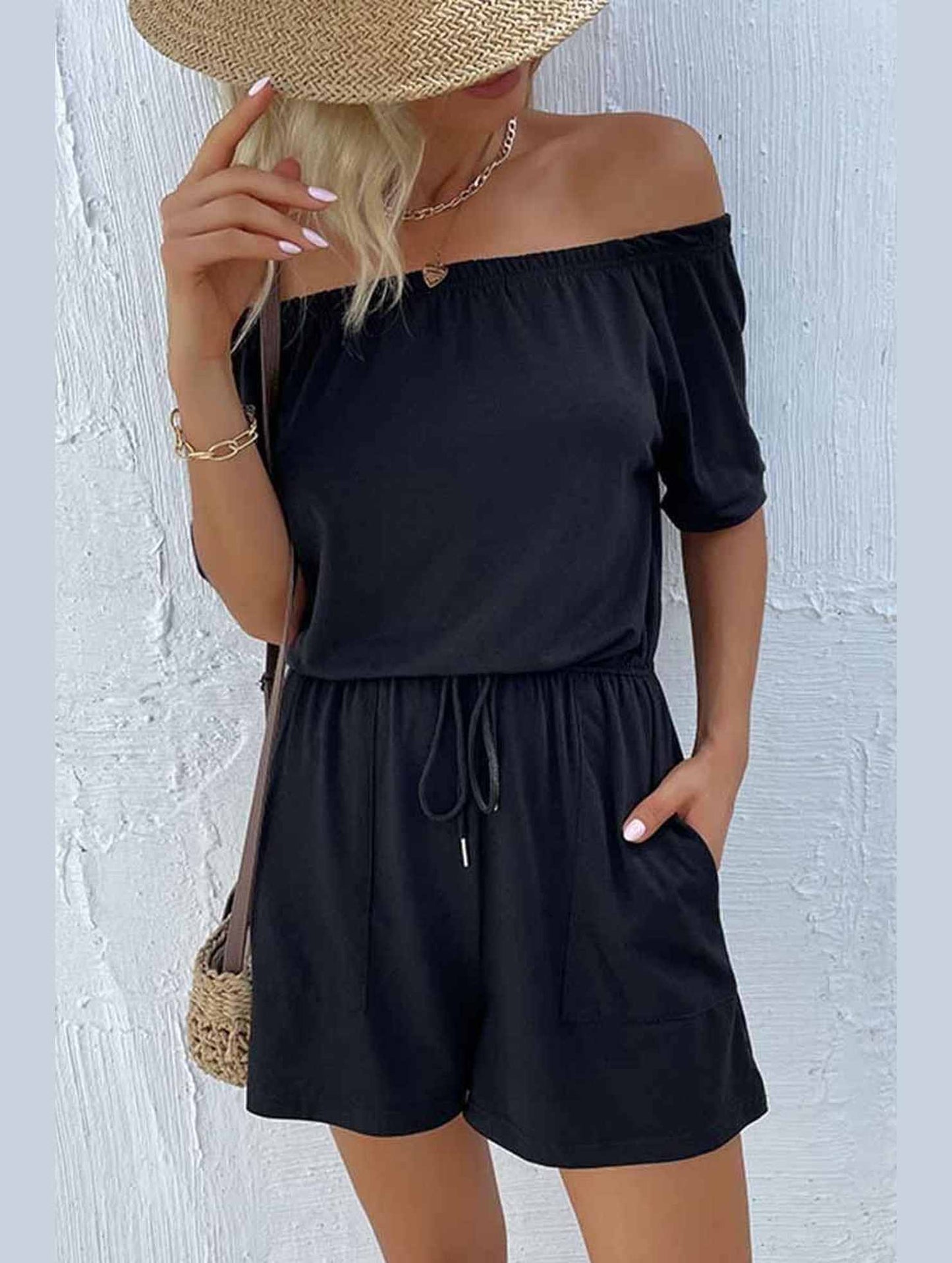 OFF SHOUDER SIMPLE WAIST STRAP ROMPER - Doublju