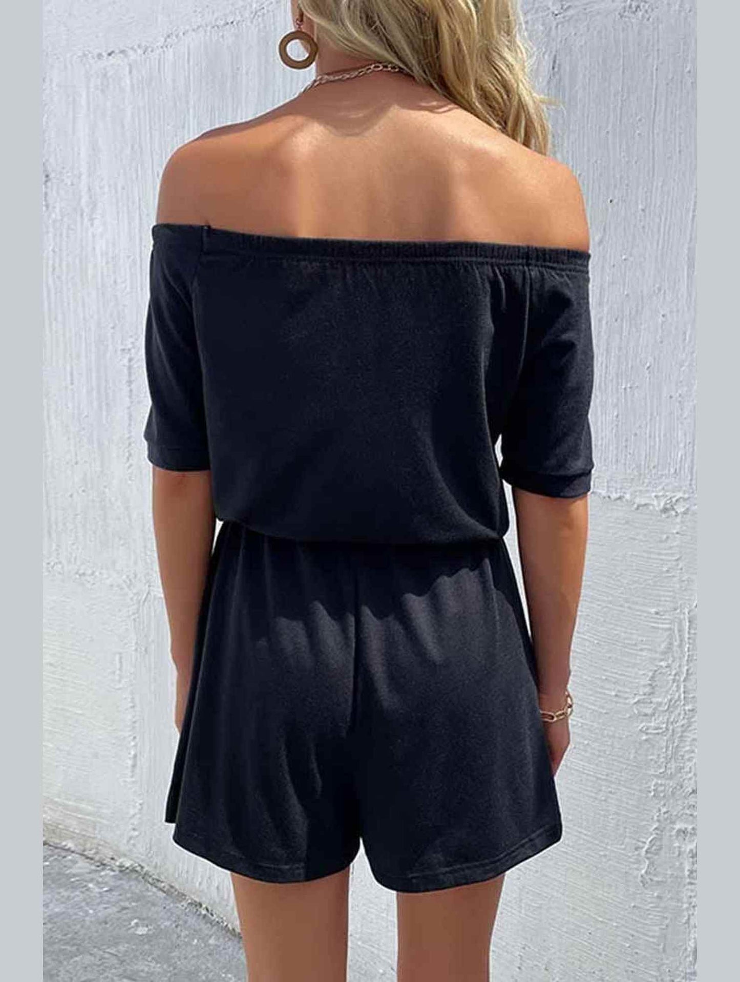 OFF SHOUDER SIMPLE WAIST STRAP ROMPER - Doublju