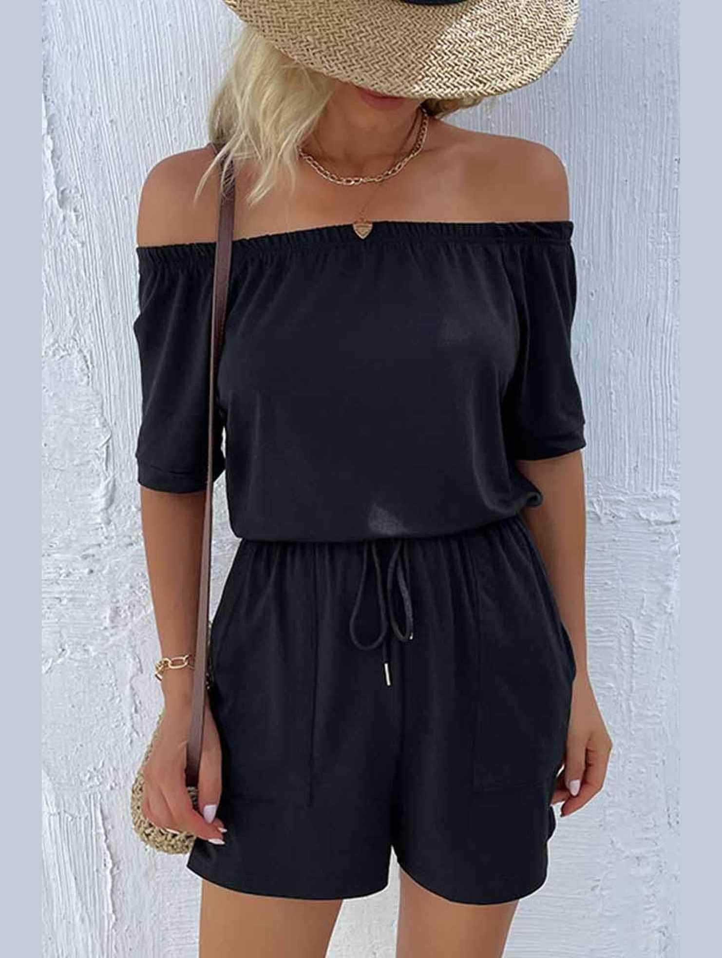 OFF SHOUDER SIMPLE WAIST STRAP ROMPER - Doublju