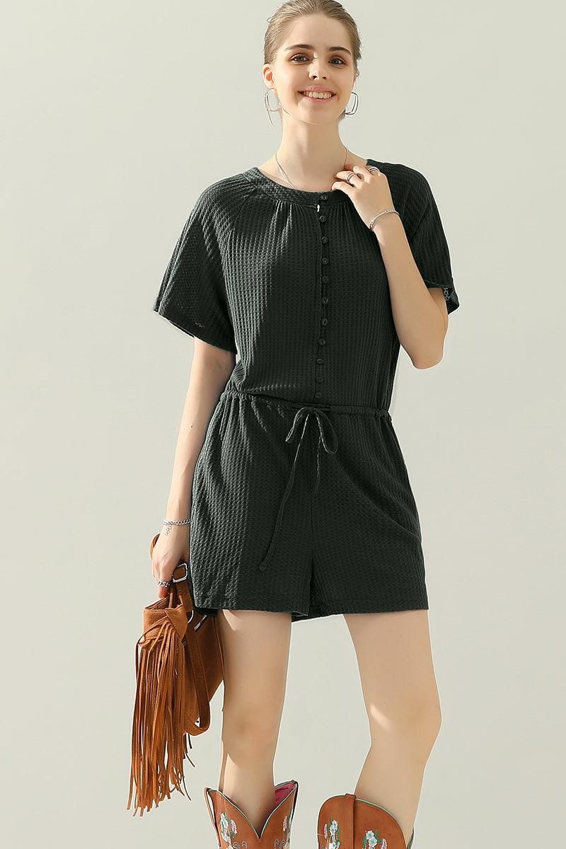 BUTTON UP TIED WAIST ROMPER - Doublju