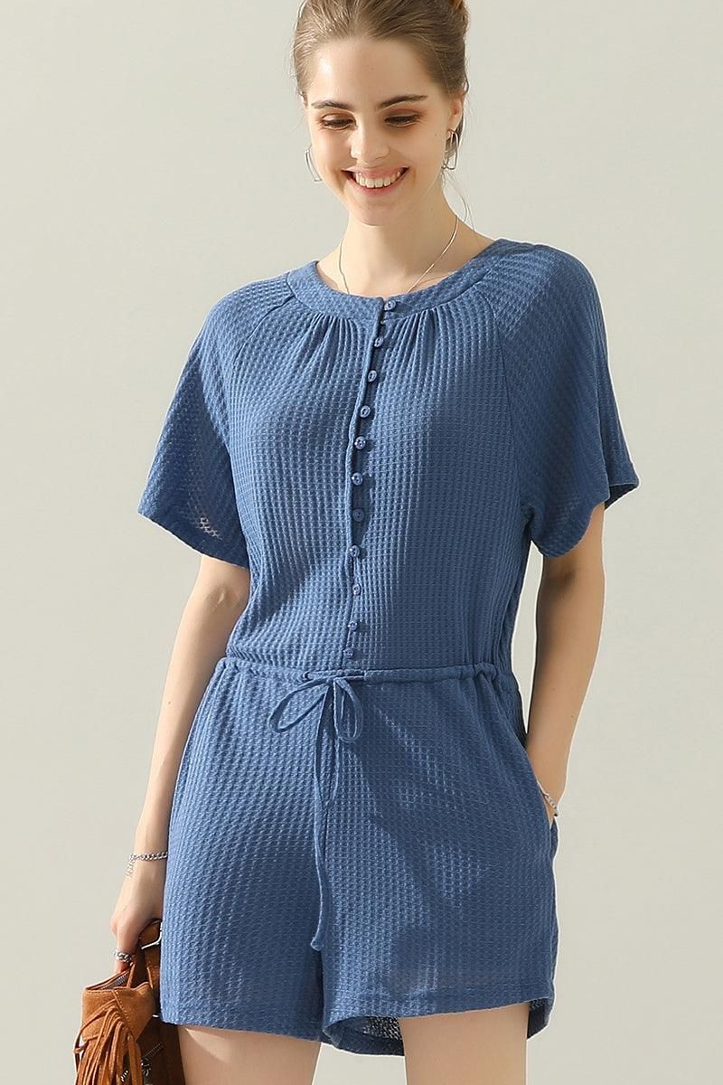 BUTTON UP TIED WAIST ROMPER - Doublju