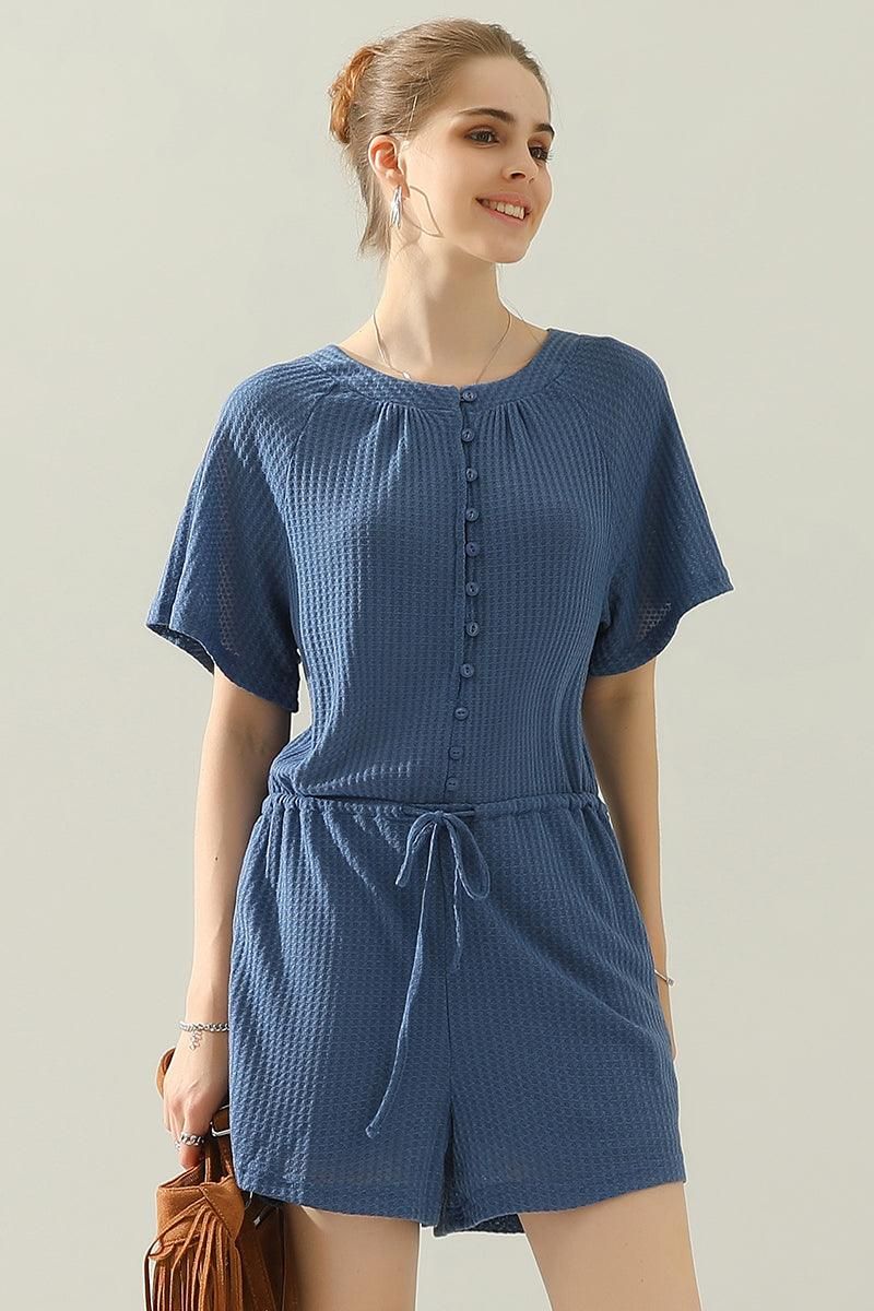 BUTTON UP TIED WAIST ROMPER - Doublju