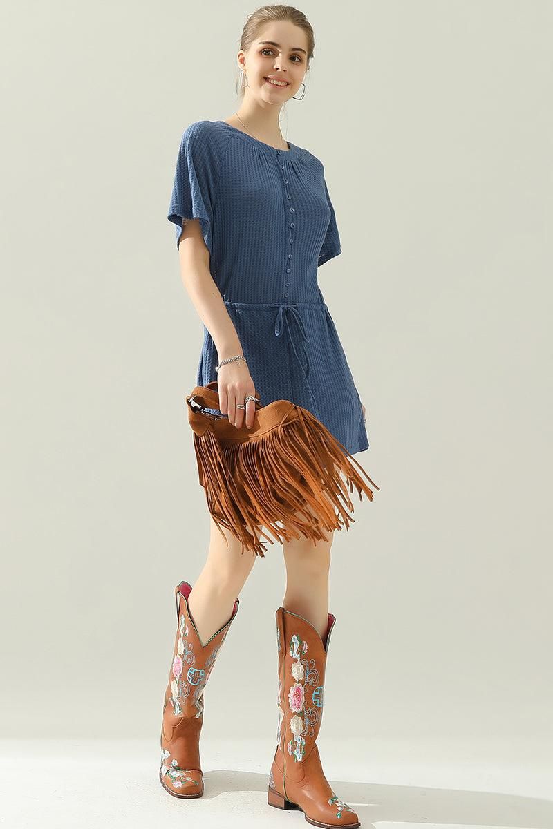 BUTTON UP TIED WAIST ROMPER - Doublju