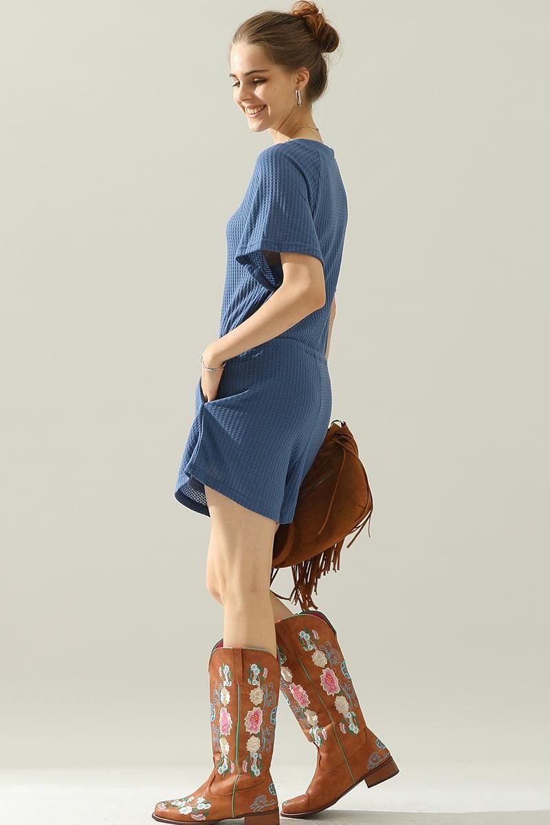 BUTTON UP TIED WAIST ROMPER - Doublju