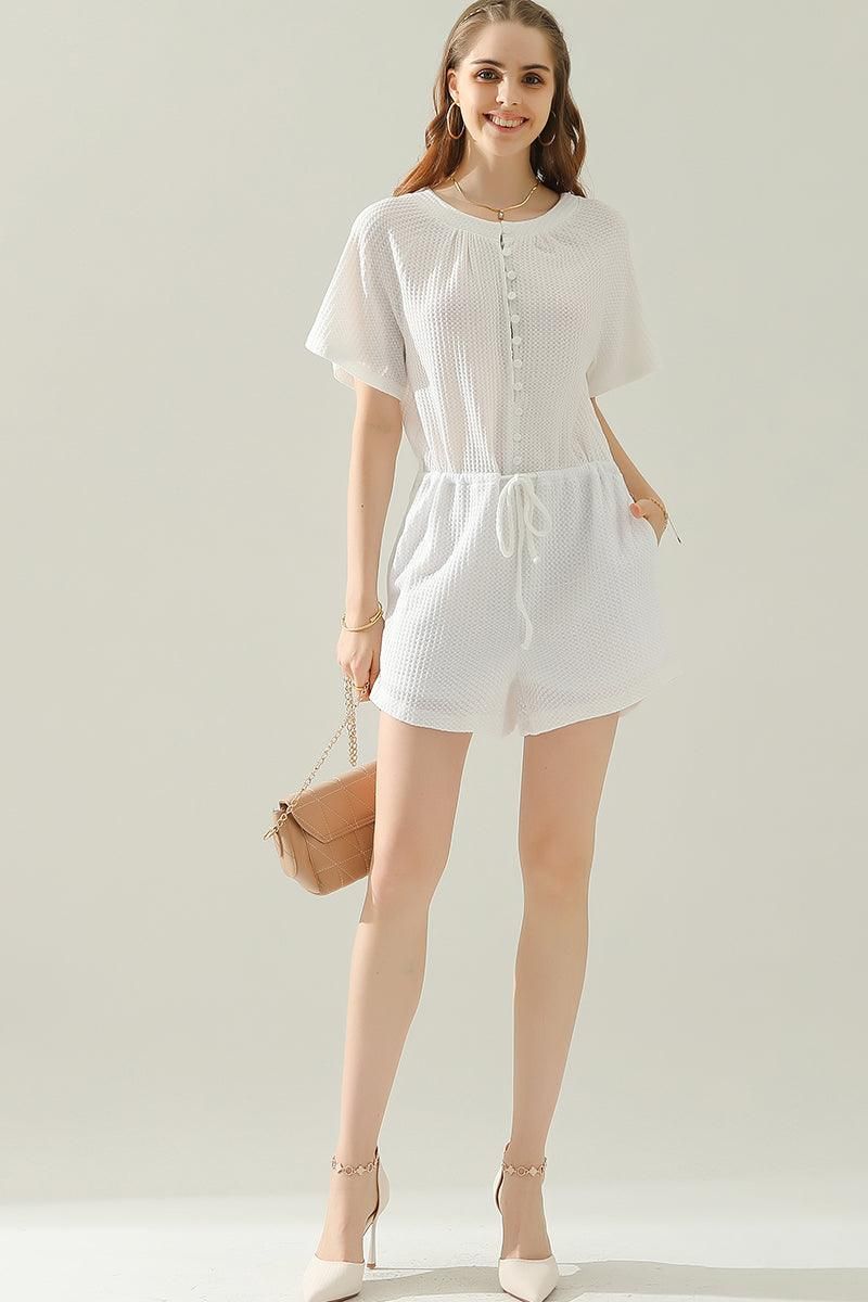 BUTTON UP TIED WAIST ROMPER - Doublju
