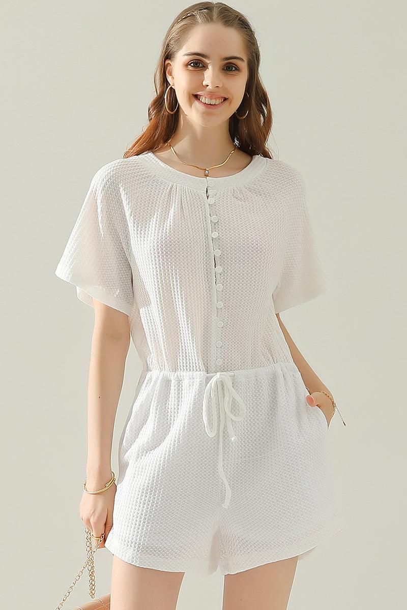 BUTTON UP TIED WAIST ROMPER - Doublju
