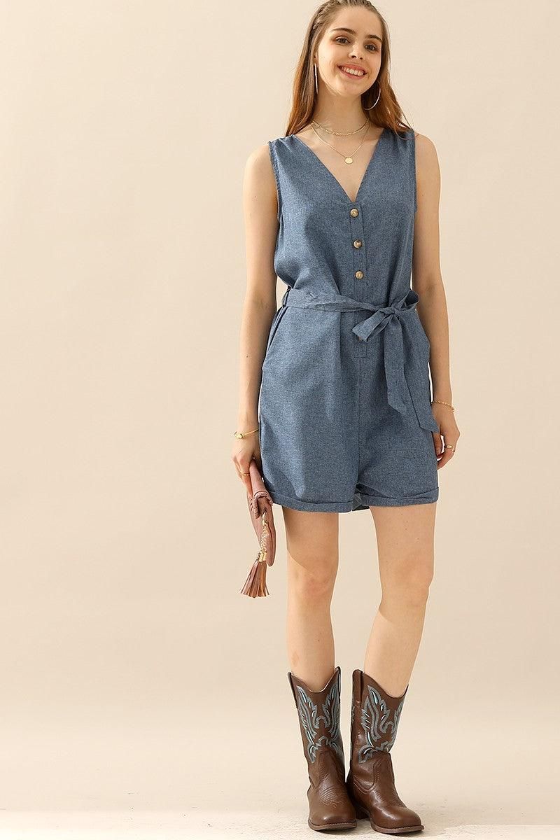 SLEEVELESS BUTTON TIED WAIST ROLL UP ROMPER - Doublju