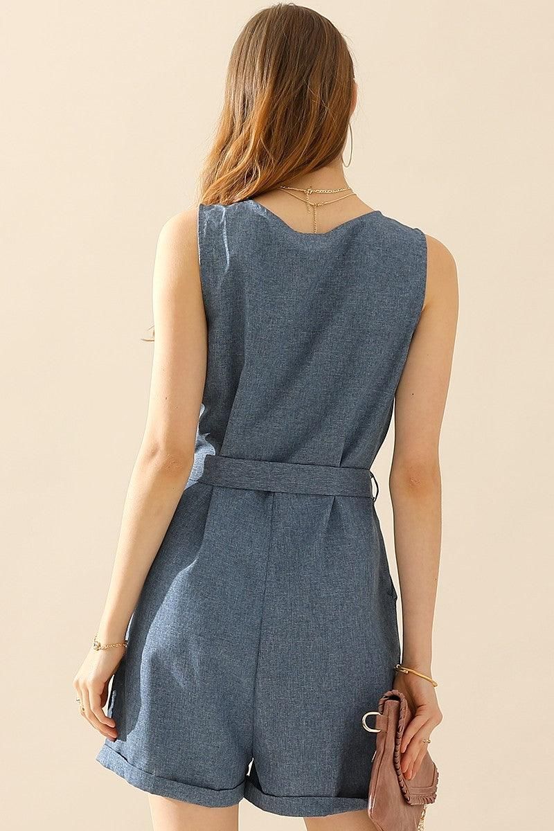 SLEEVELESS BUTTON TIED WAIST ROLL UP ROMPER - Doublju