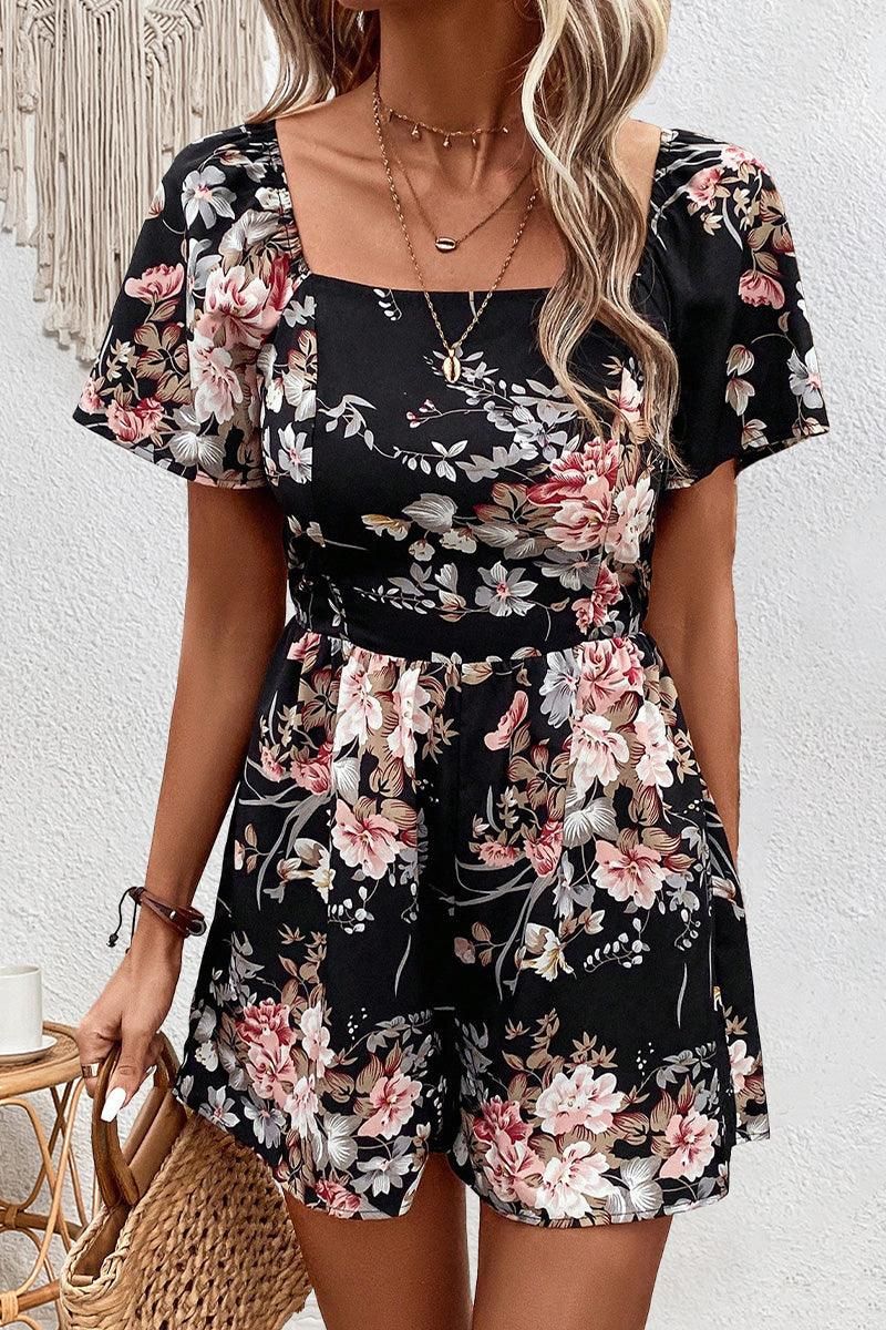 FLORAL SQUARE NECK CUT OUT BACK SUMMER ROMPER - Doublju