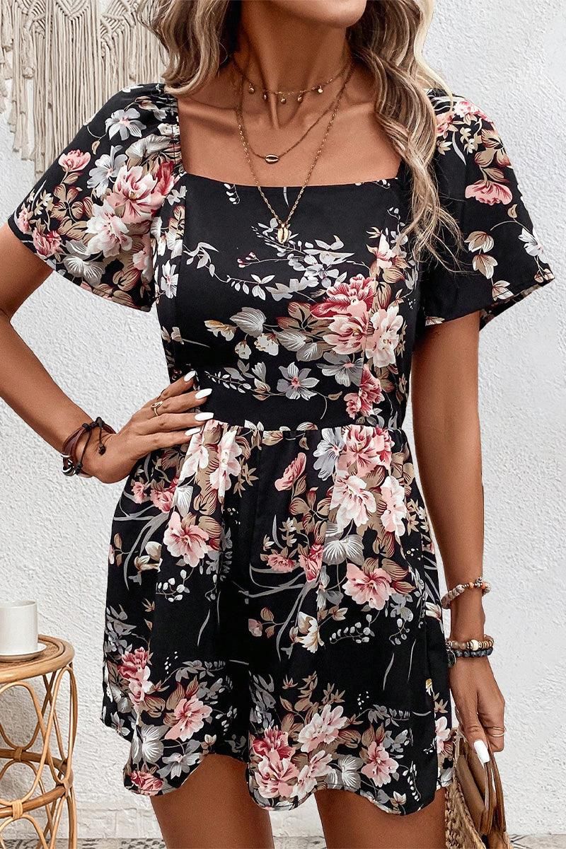 FLORAL SQUARE NECK CUT OUT BACK SUMMER ROMPER - Doublju