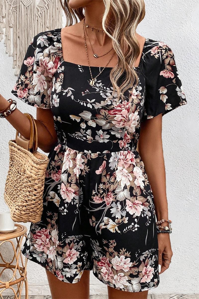 FLORAL SQUARE NECK CUT OUT BACK SUMMER ROMPER - Doublju
