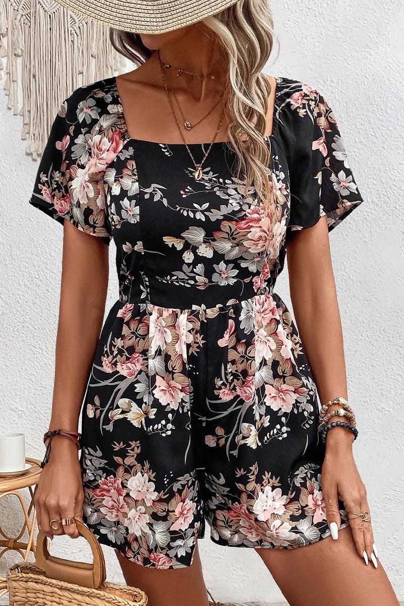 FLORAL SQUARE NECK CUT OUT BACK SUMMER ROMPER - Doublju