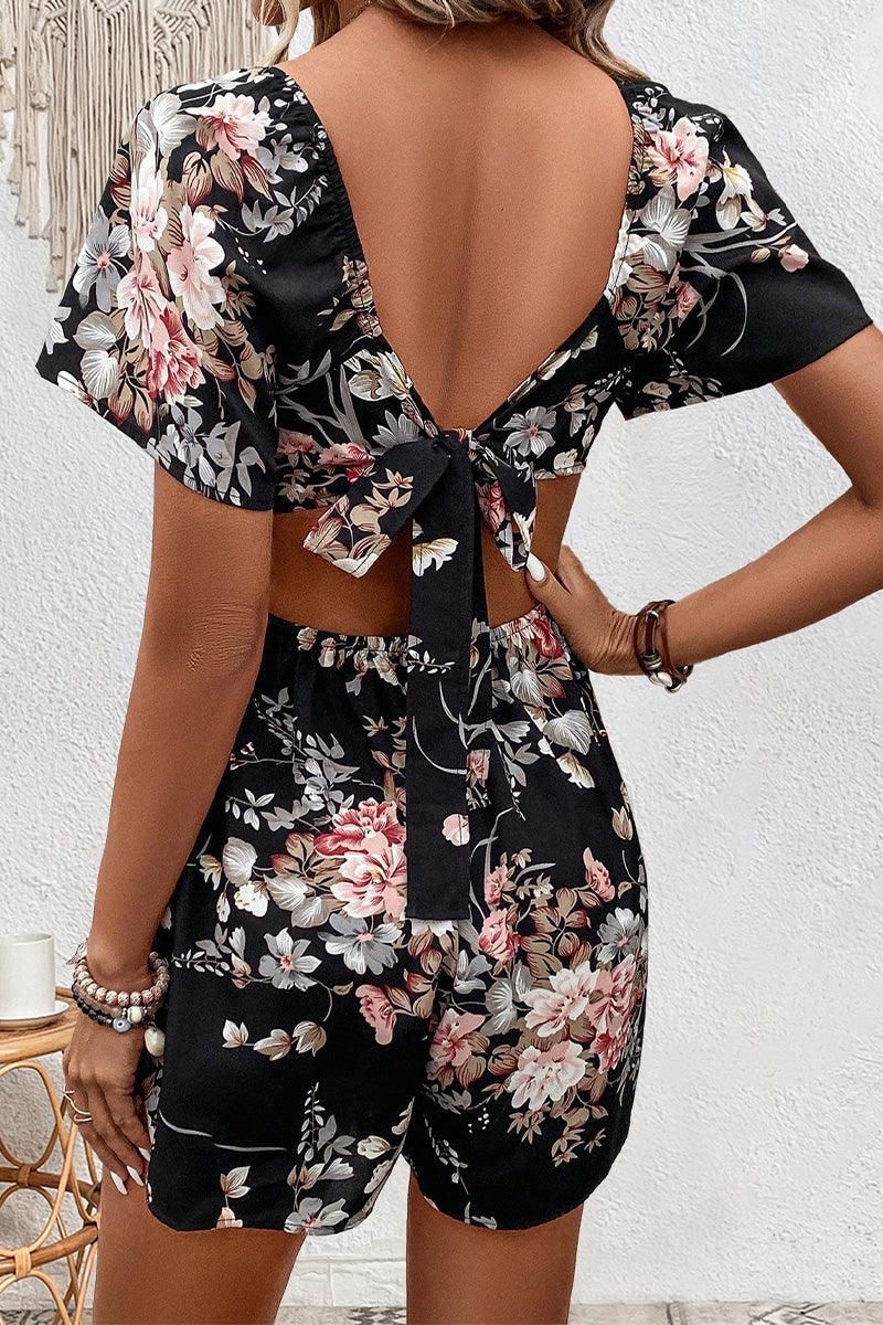 FLORAL SQUARE NECK CUT OUT BACK SUMMER ROMPER - Doublju