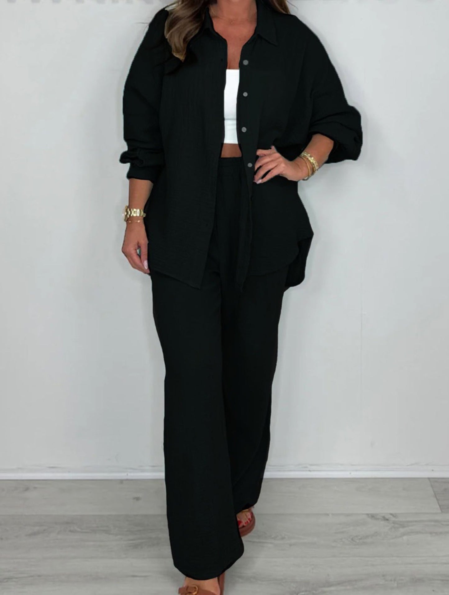 two-piece shirt and straight pants suit