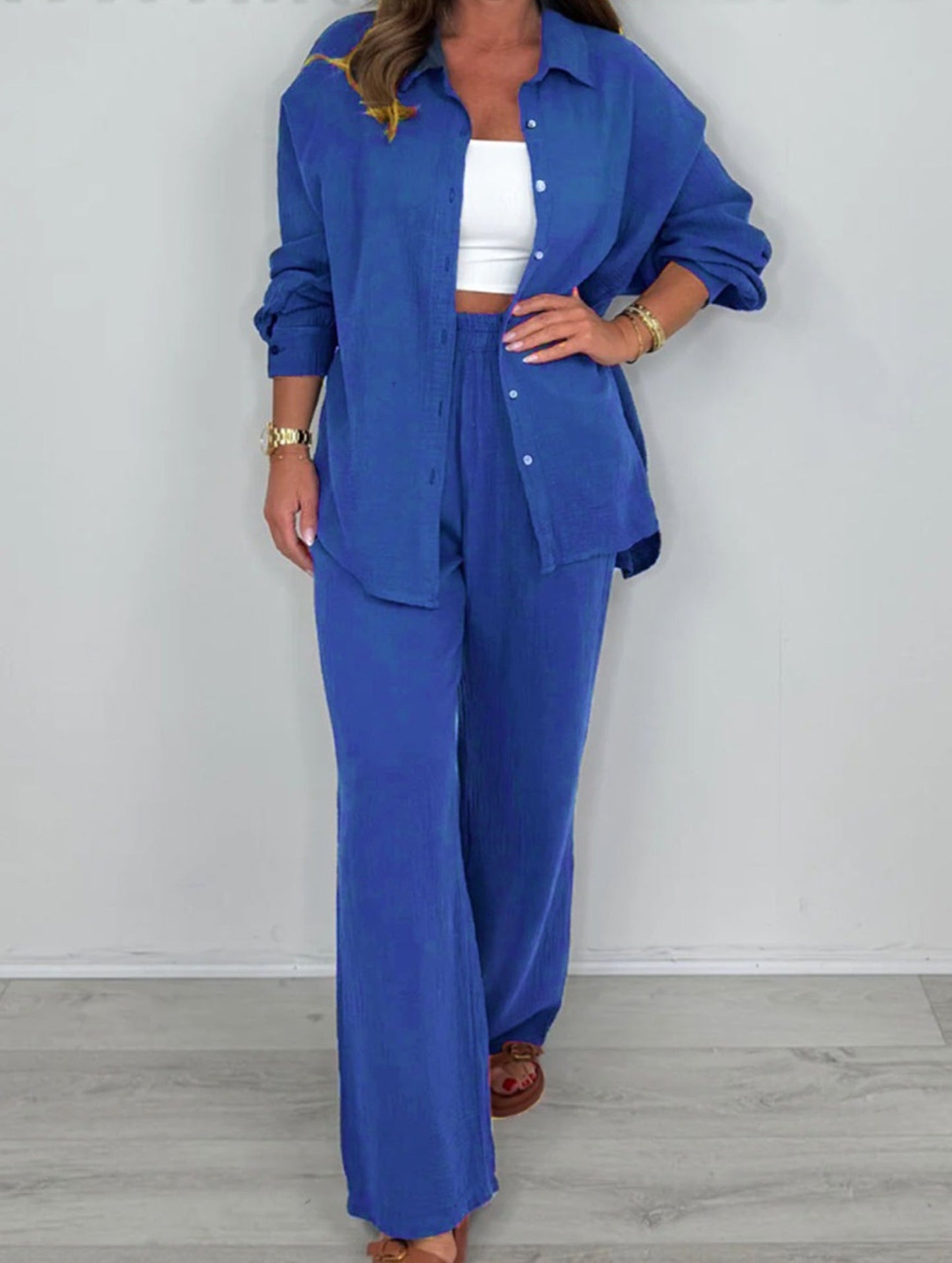 two-piece shirt and straight pants suit