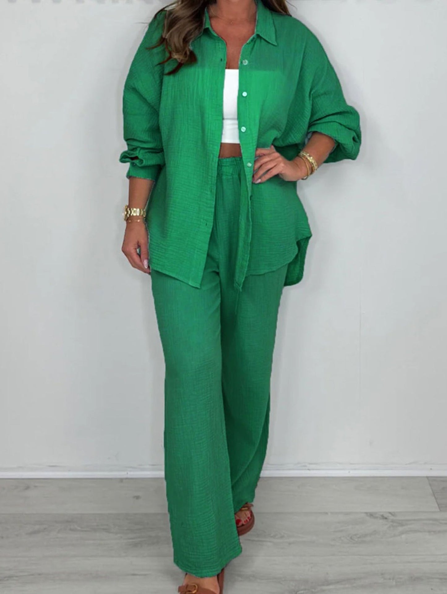 two-piece shirt and straight pants suit