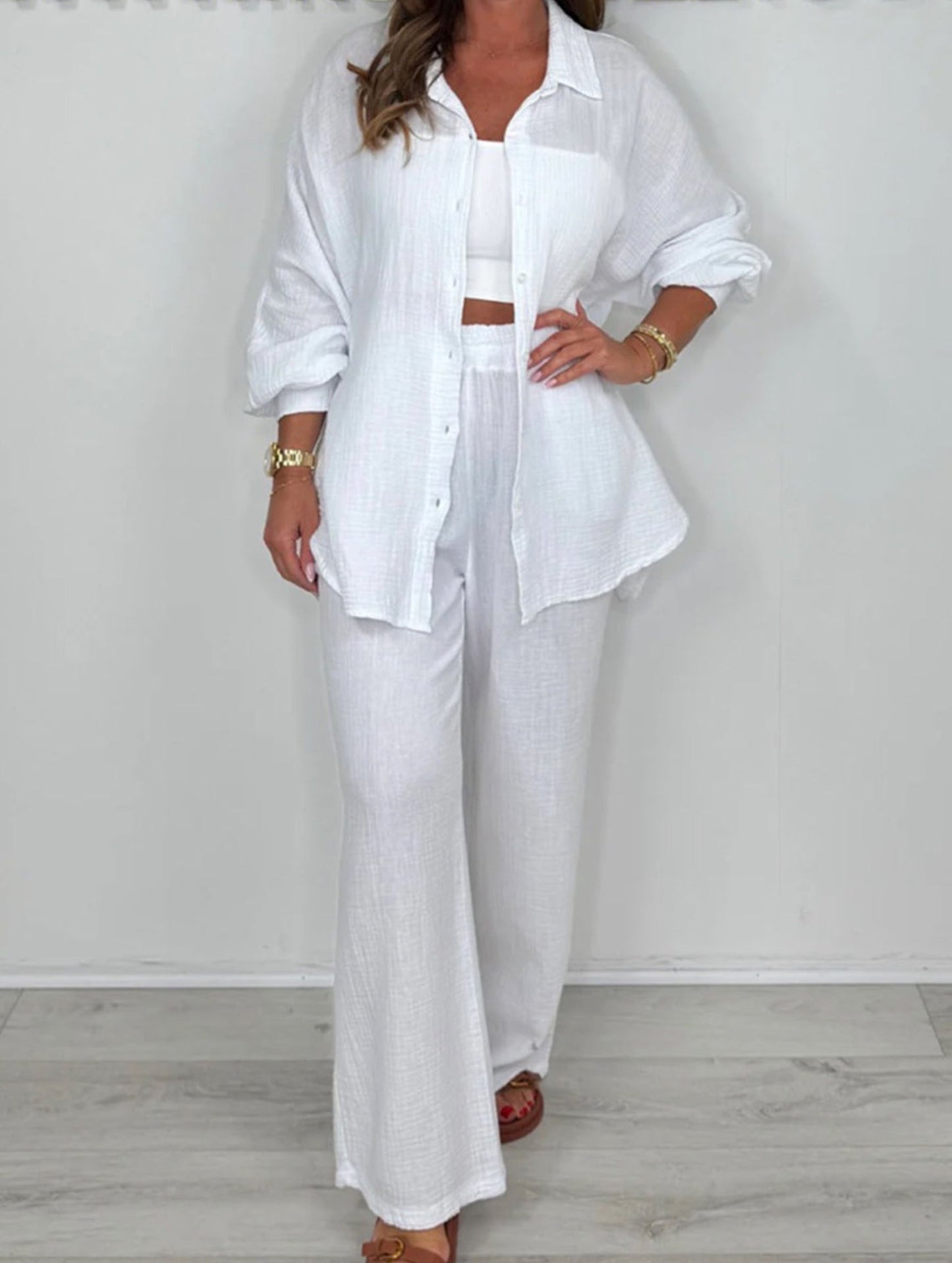 two-piece shirt and straight pants suit