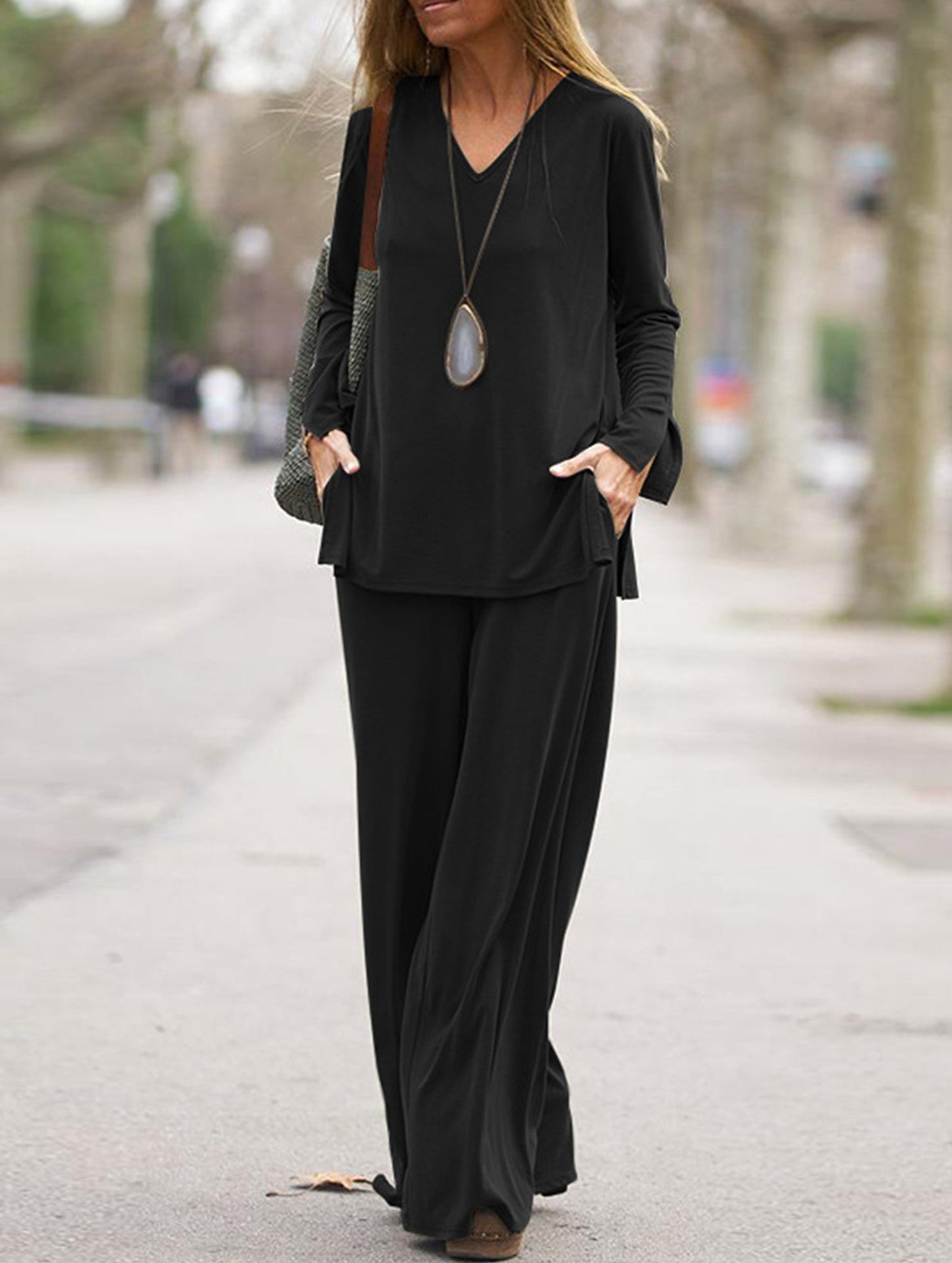 Casual solid color top wide-leg pants loose suit