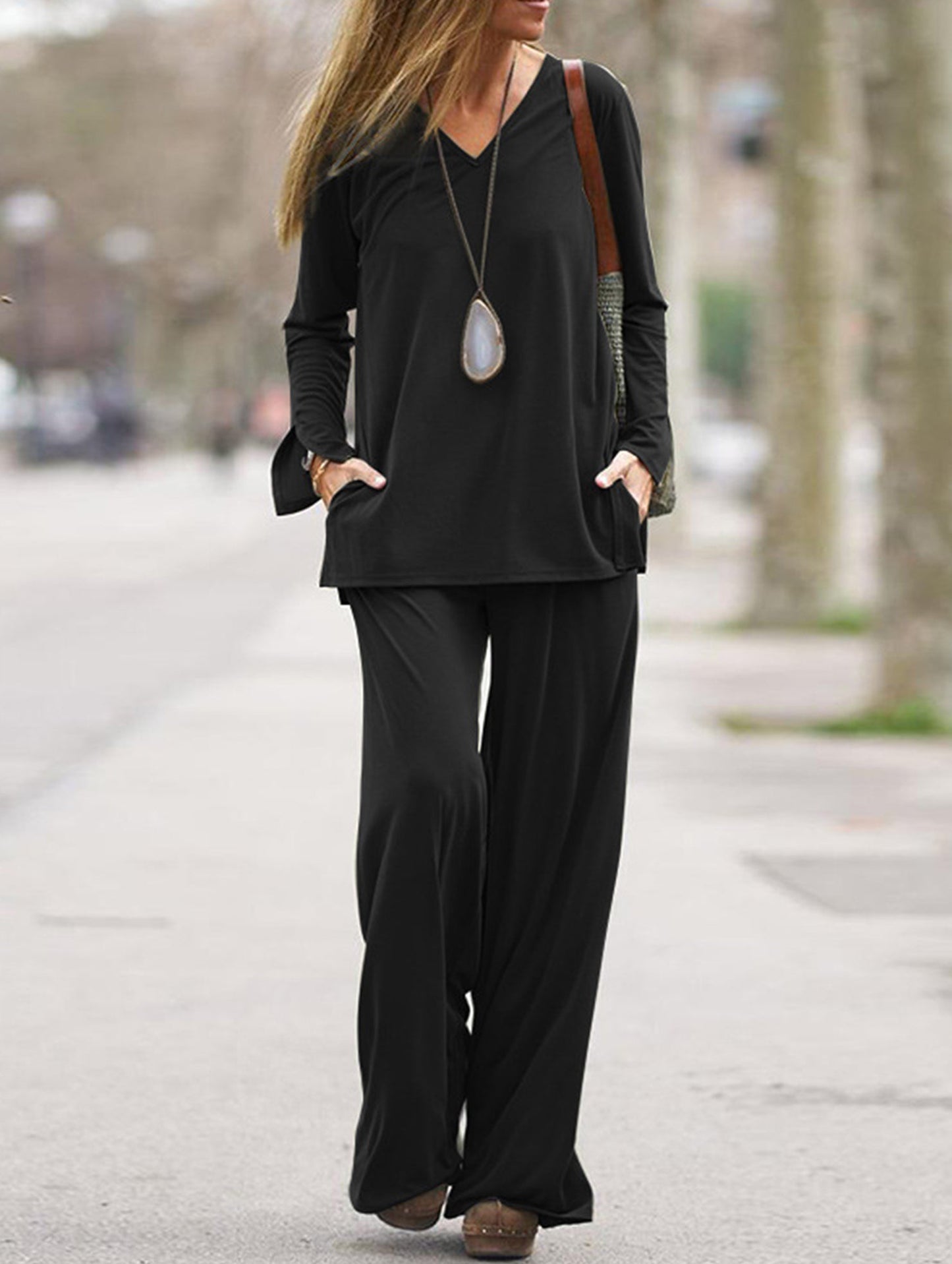 Casual solid color top wide-leg pants loose suit