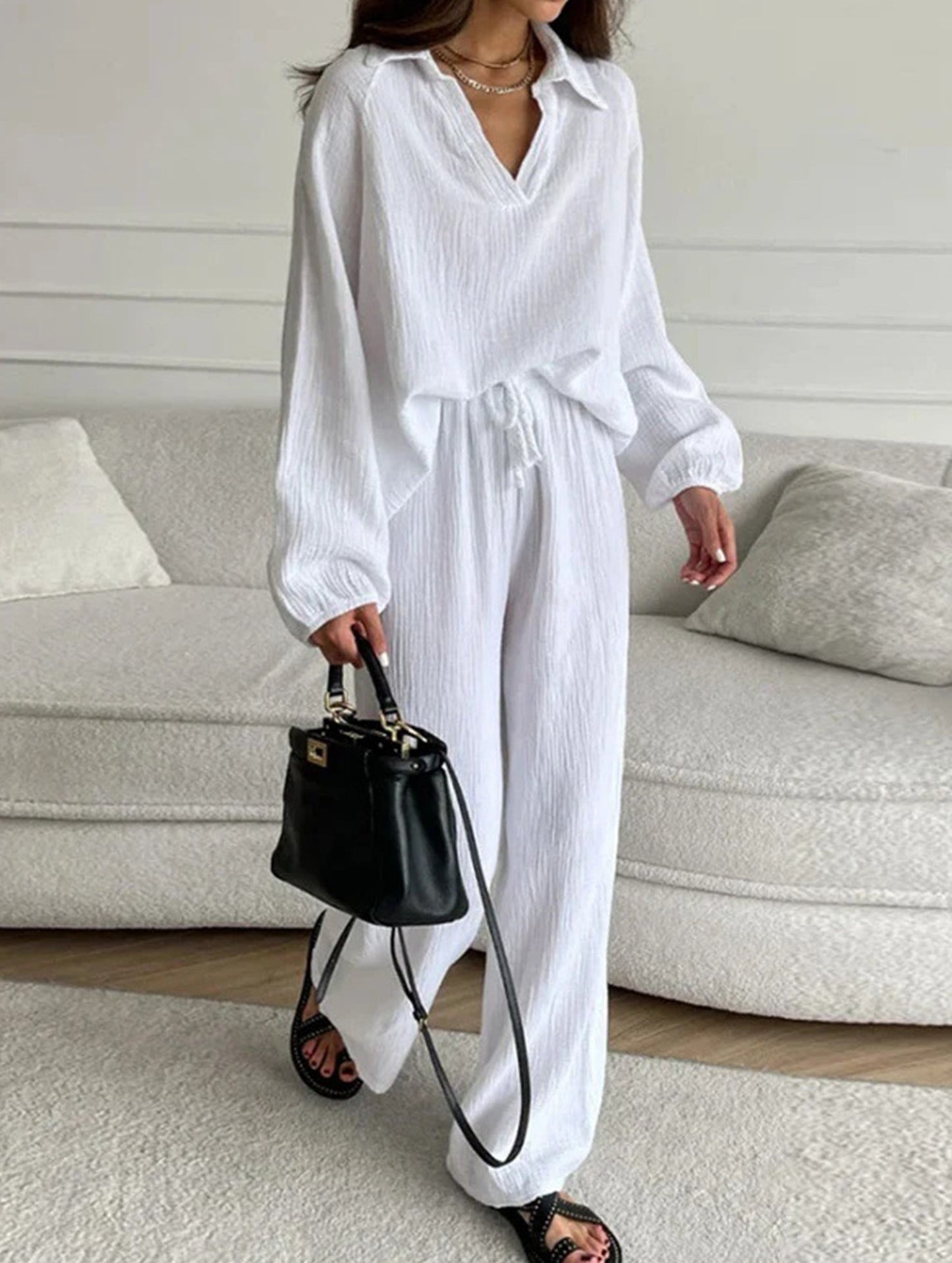 Long-sleeved top drawstring trousers set