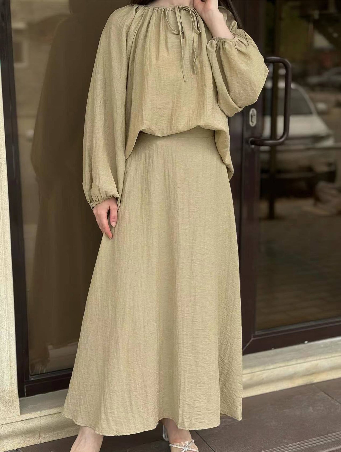 Loose top and wide skirt two-piece suit