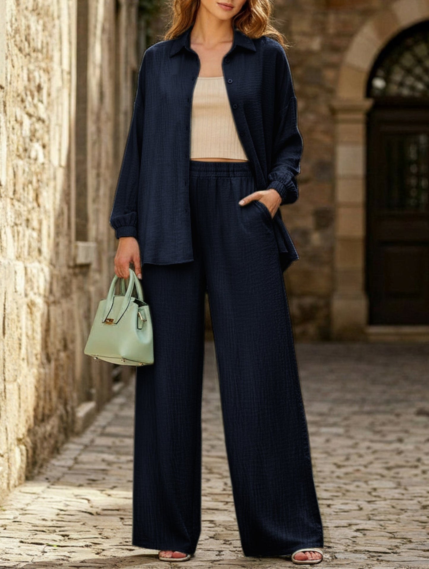 Long-sleeved lapel shirt and trousers suit