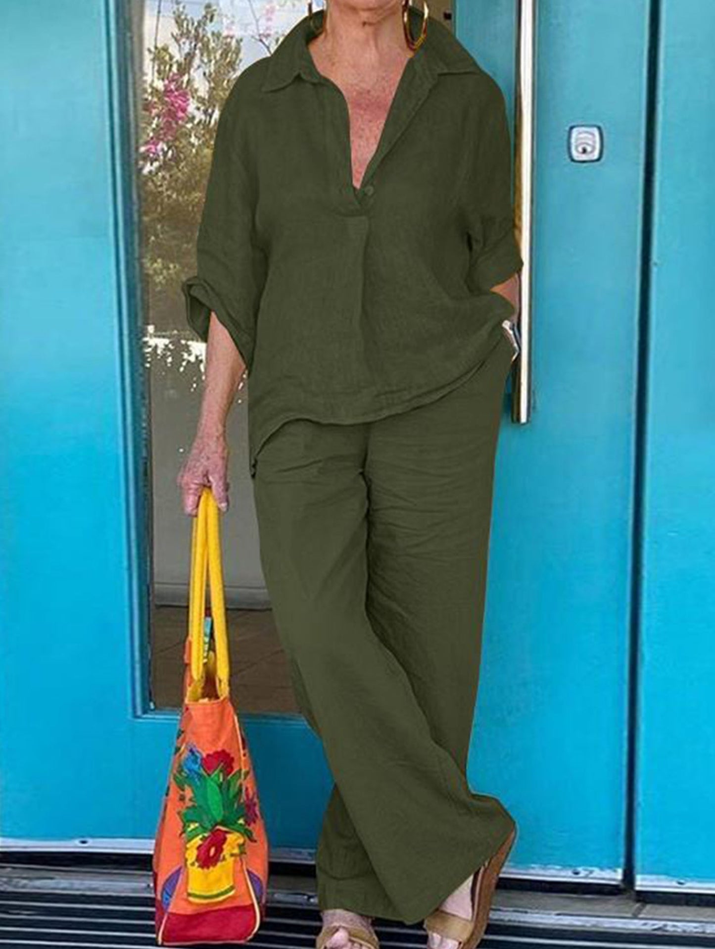 Lapel shirt and wide-leg pants two-piece suit