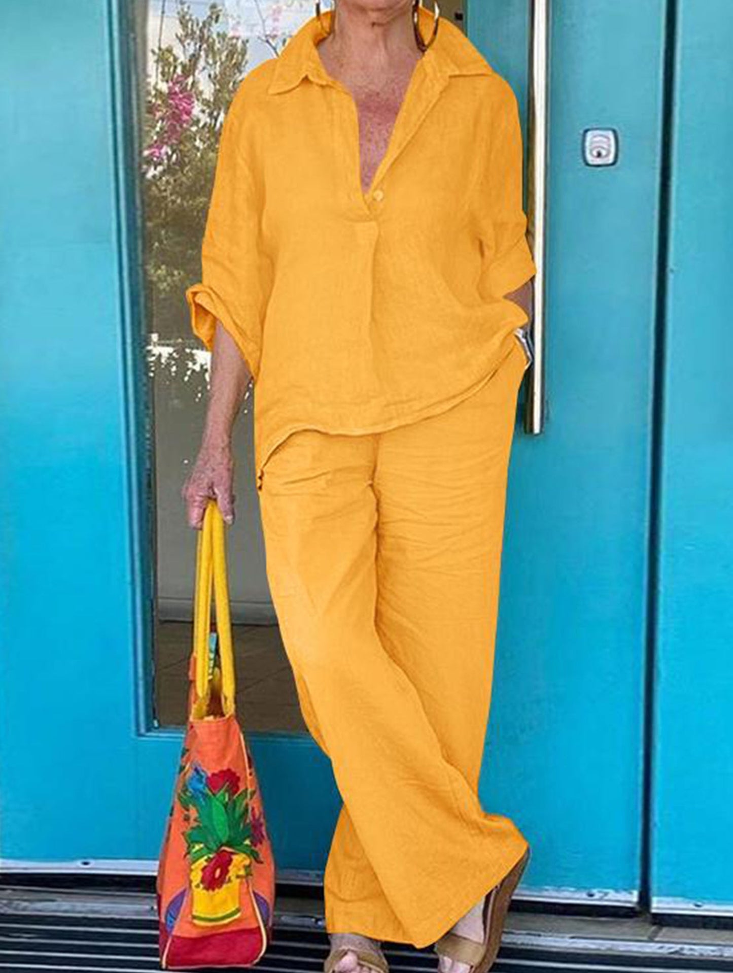 Lapel shirt and wide-leg pants two-piece suit