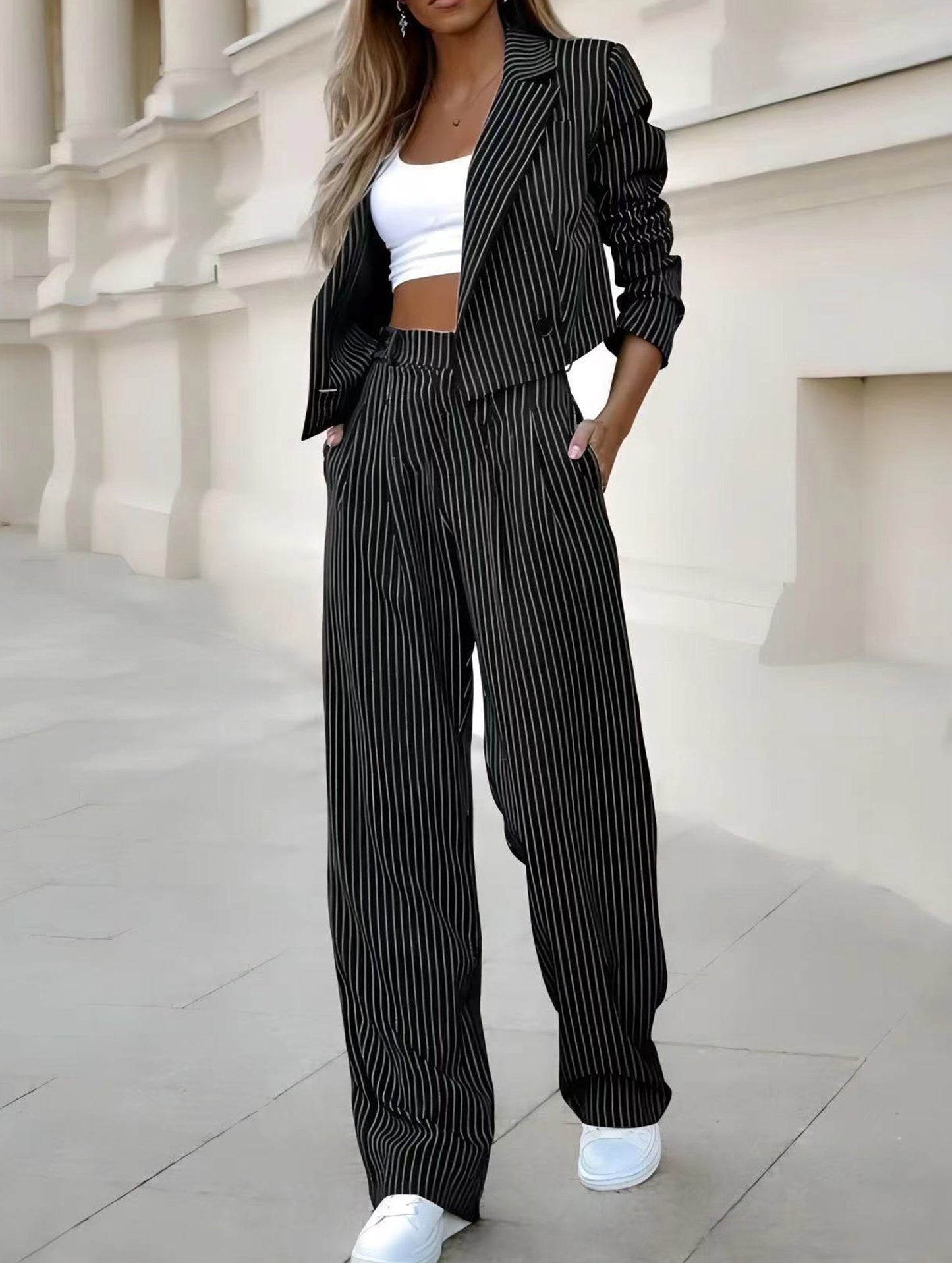 Striped short lapel suit with straight pants