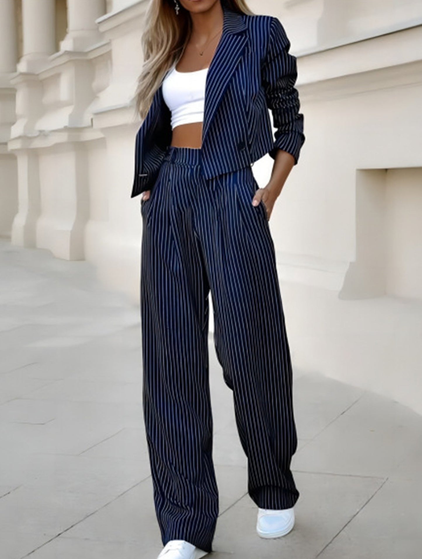 Striped short lapel suit with straight pants